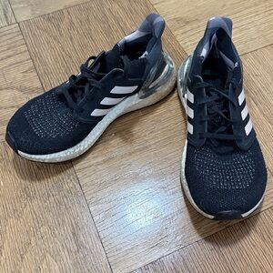 Adidas Black Knit Sneakers with White Stripes size 6.5